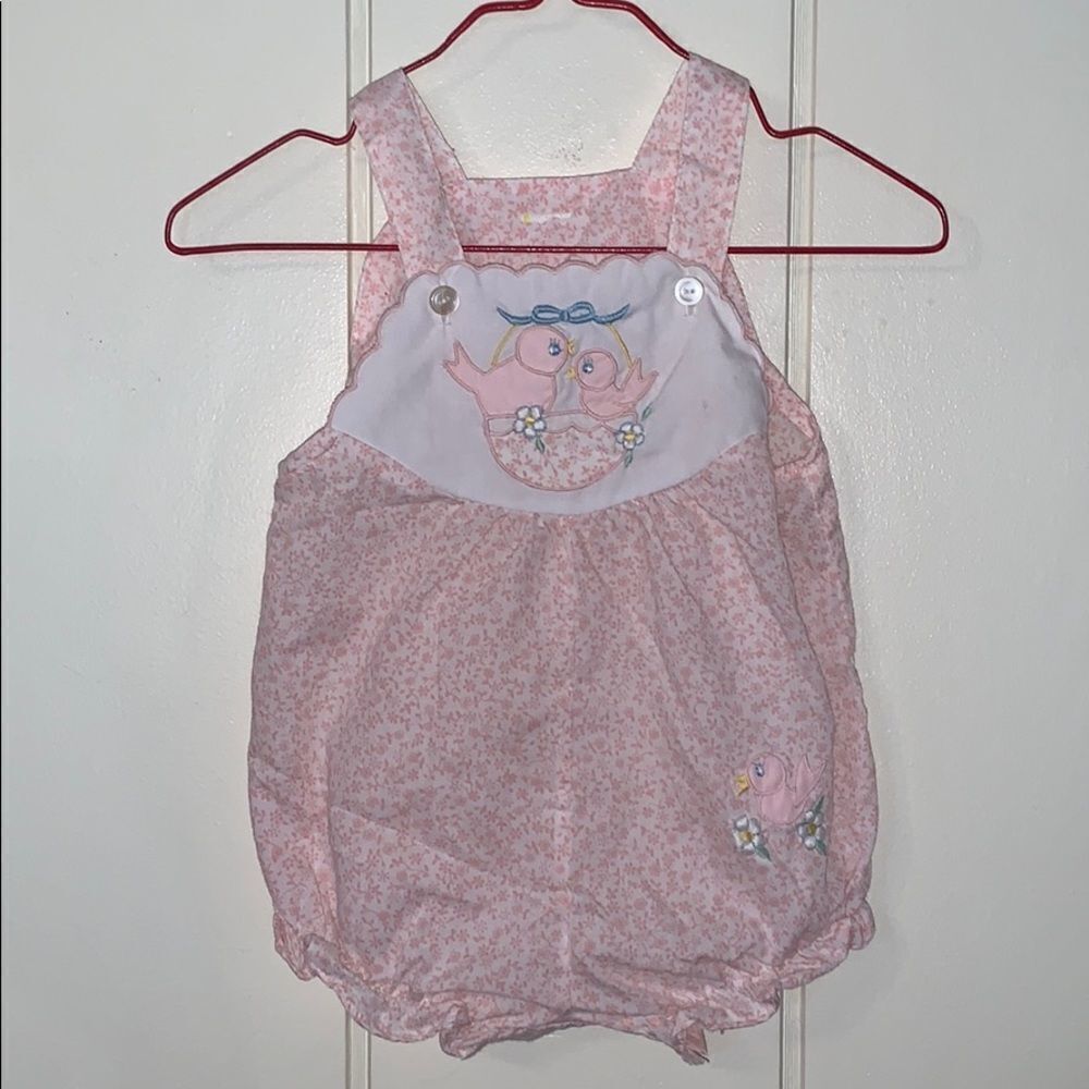 Vintage pink sun suit with embroidered birds‎